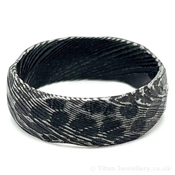 8mm Reticulated Black Damascus Steel Ring, DS04