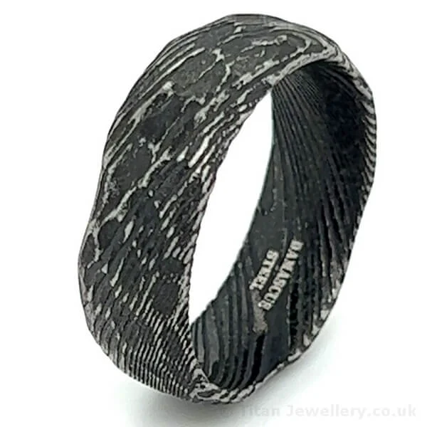 8mm Reticulated Black Damascus Steel Ring