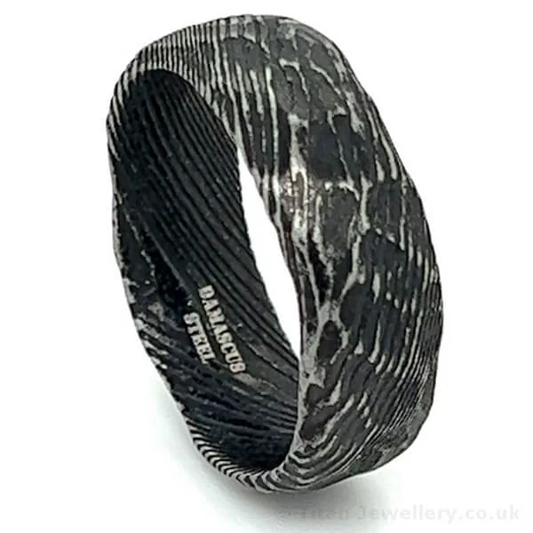Titan Jewellery, 8mm Reticulated Black Damascus Steel Ring