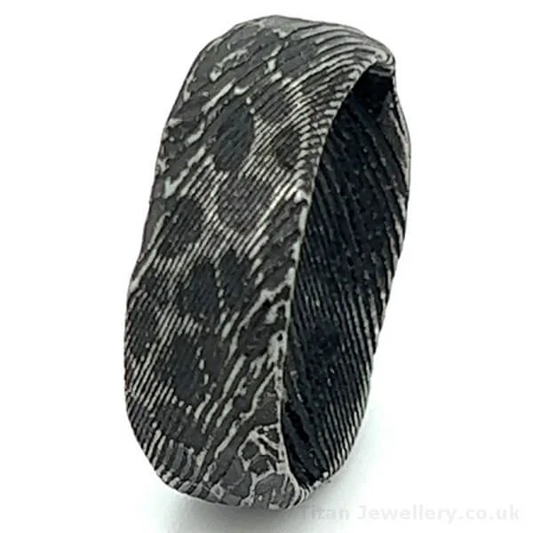 8mm Reticulated Black Damascus Steel Ring, Black Damascus Steel Ring