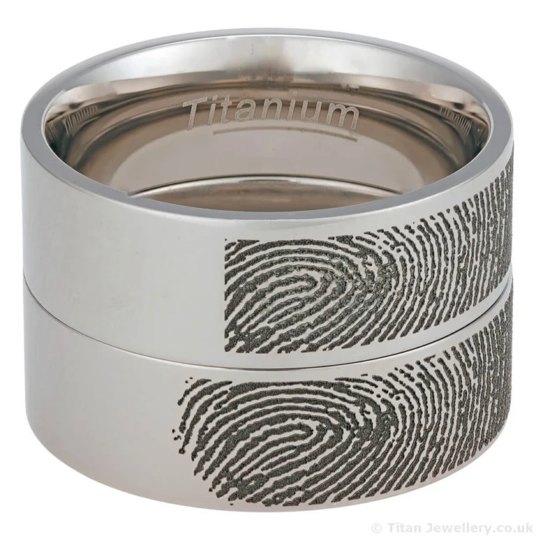 Titanium fingerprint rings with tapered and rectangular crop styles