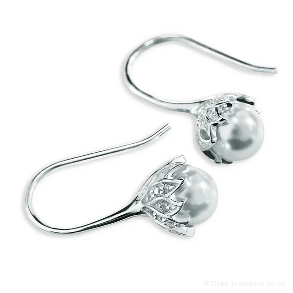 Silver CZ and Pearl Drop Earrings
