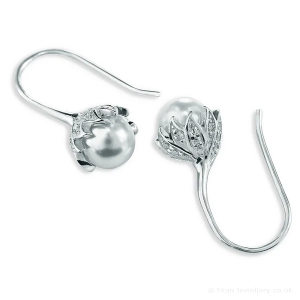 Silver CZ and Pearl Drop Earrings, silver pearl and cz drop earrings