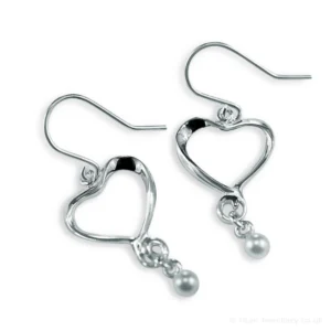 Silver Heart Earrings with Pearl Drop