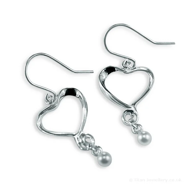 Silver Heart Earrings with Pearl Drop
