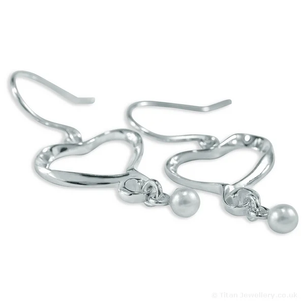 Silver Heart Earrings with Pearl Drop, silver heart earrings with pearl drop