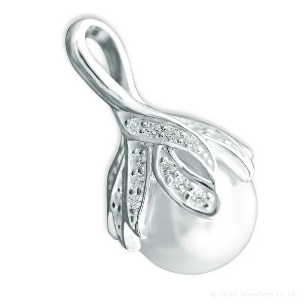 Silver Pearl and CZ Drop Pendant, Silver Pearl and CZ Drop Pendant