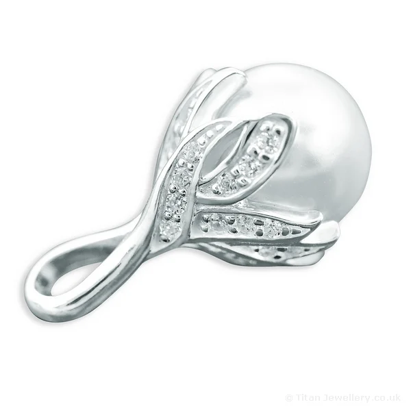 Titan Jewellery, Silver Pearl and CZ Drop Pendant