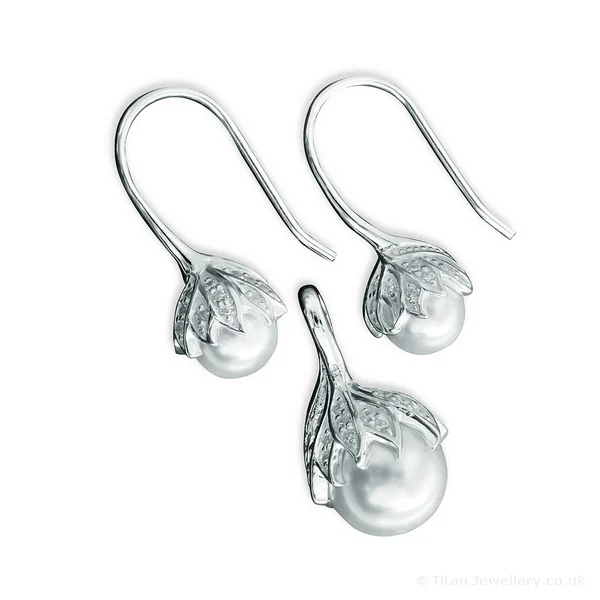 Silver CZ and Pearl Drop Earrings, TJ15386E