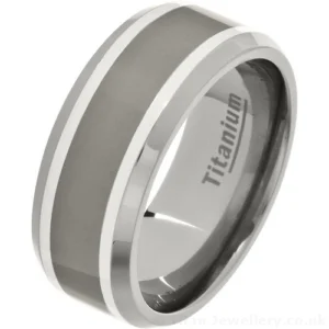 9mm Mens Silver Inlay Polished Titanium Wedding Ring