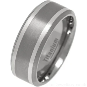 9mm Mens Silver Inlay Brushed Titanium Wedding Ring