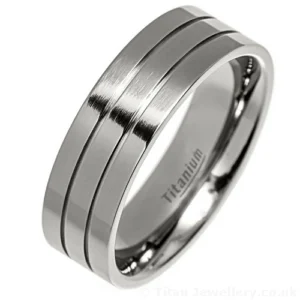 7mm Brushed 2 Lines Flat Titanium Ring