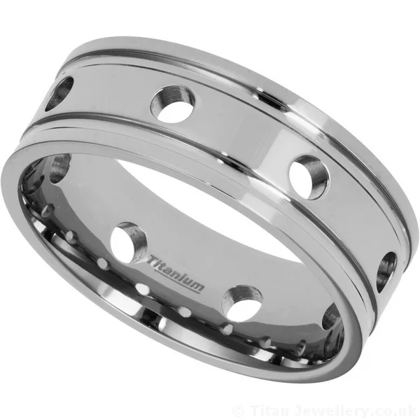 8mm Polished Mens Titanium Ring with Circles, men's titanium thumb ring