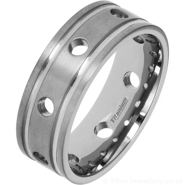 8mm Satin Brushed Titanium Ring with Circles