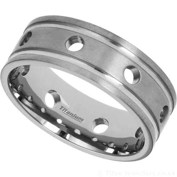 8mm Satin Brushed Titanium Ring with Circles, men's thumb ring