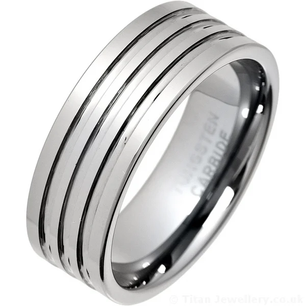 Mens 8mm Ridged Tungsten Carbide Ring