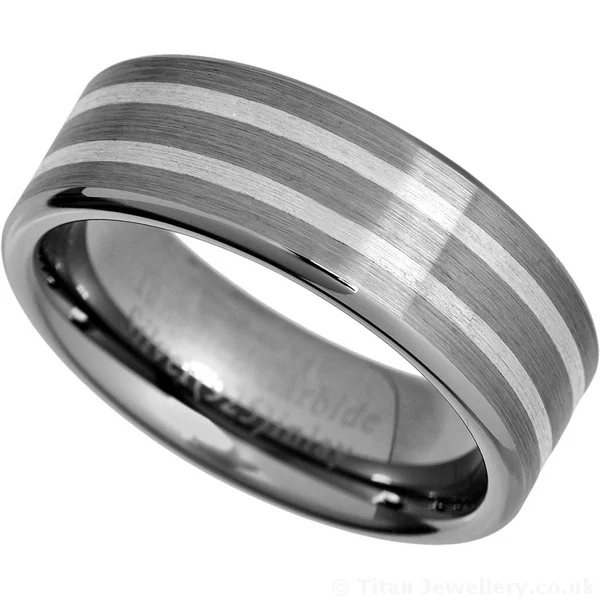 8mm Silver Inlays Tungsten Carbide Wedding Ring, silver inlay tungsten ring