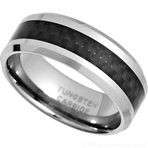 8mm Tungsten Ring with Black Carbon Fibre Inlay, men's tungsten carbon fibre ring