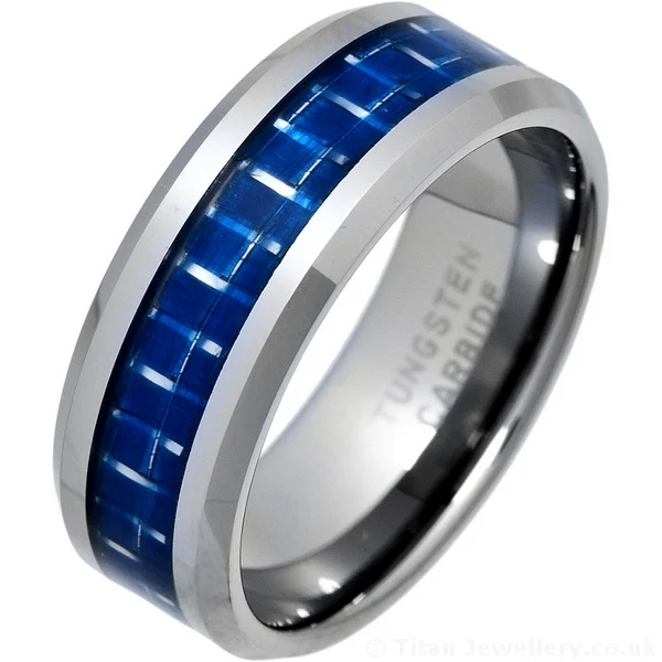 8mm Tungsten and Blue Carbon Fibre Inlay Ring