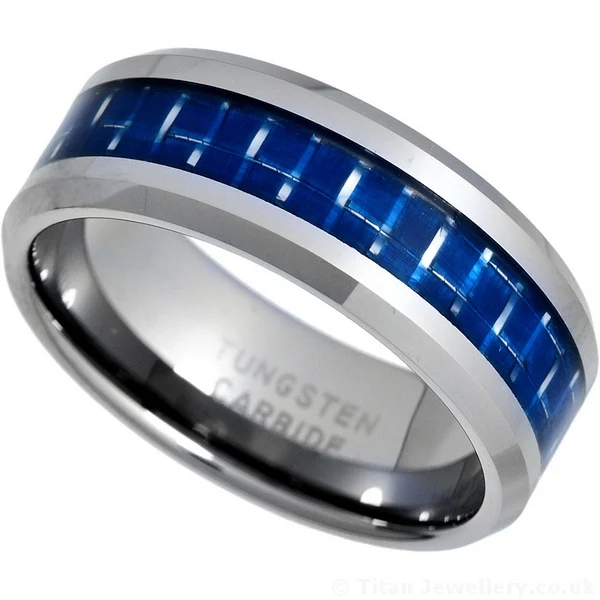 8mm Tungsten and Blue Carbon Fibre Inlay Ring, blue carbon fibre tungsten ring