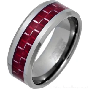 8mm Tungsten Carbide and Red Carbon Fibre Inlay Ring