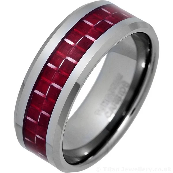 8mm Tungsten Carbide and Red Carbon Fibre Inlay Ring