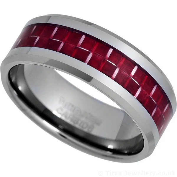 8mm Tungsten Carbide and Red Carbon Fibre Inlay Ring, red carbon fibre tungsten ring
