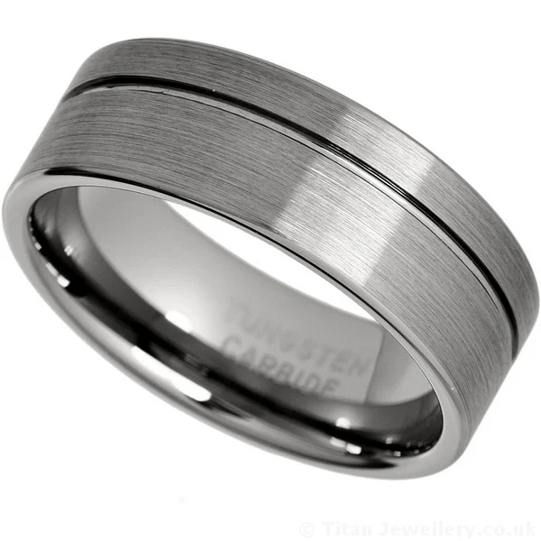 Mens 8mm Brushed Tungsten Groove Ring, matte tungsten ring
