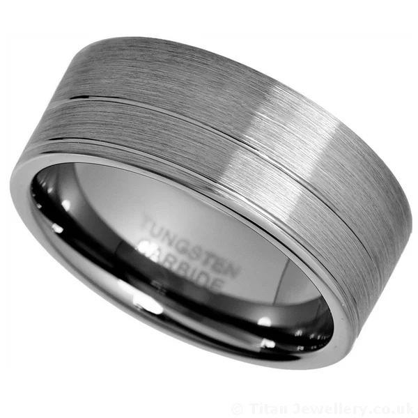 9mm Brushed Double Groove Tungsten Ring, men's wide tungsten ring