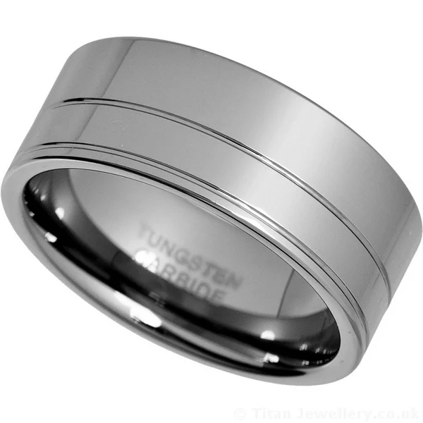Mens 9mm Polished Double Groove Tungsten Ring, polished tungsten ring