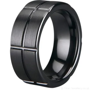 8mm Black Zirconia Ceramic Brushed Grid Ring