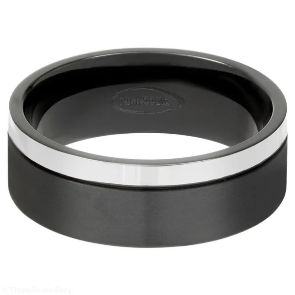 8mm Brushed Black Zirconium Ring with Natural Offset Band, Brushed Black Zirconium Ring