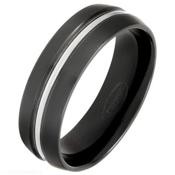 7mm Court Black Brushed Zirconium Ring with Natural Centre Band