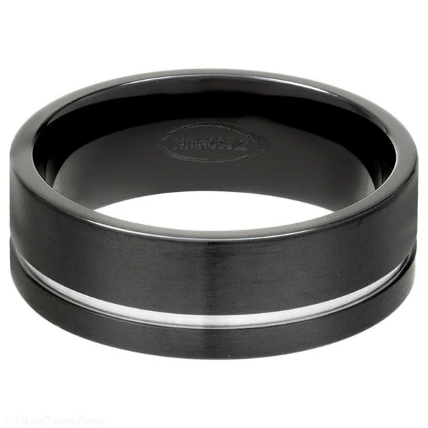 8mm Flat Black Brushed Zirconium Ring with Natural Recessed Line