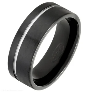 8mm Flat Black Brushed Zirconium Ring with Natural Recessed Line