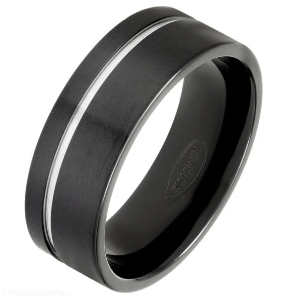 8mm Flat Black Brushed Zirconium Ring with Natural Recessed Line