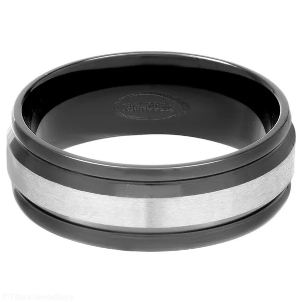 8mm Grooved Black Zirconium Ring with Natural Centre Band, men's black zirconium ring