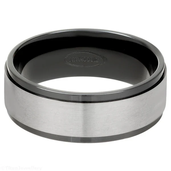 8mm Black Zirconium Ring with Brushed Natural Flat Band, black zirconium ring