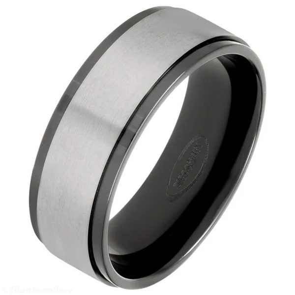 8mm Black Zirconium Ring with Brushed Natural Flat Band