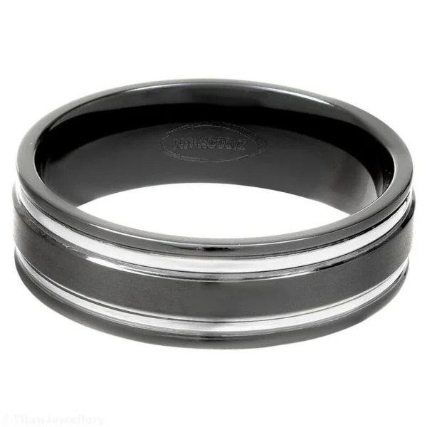 7mm Brushed Zirconium Ring with 2 Natural Polished Lines, 7mm Brushed Zirconium Ring