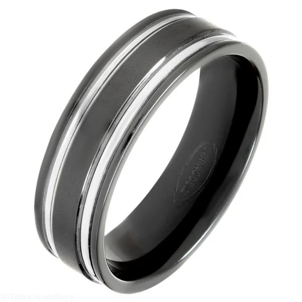 7mm Brushed Zirconium Ring with 2 Natural Polished Lines
