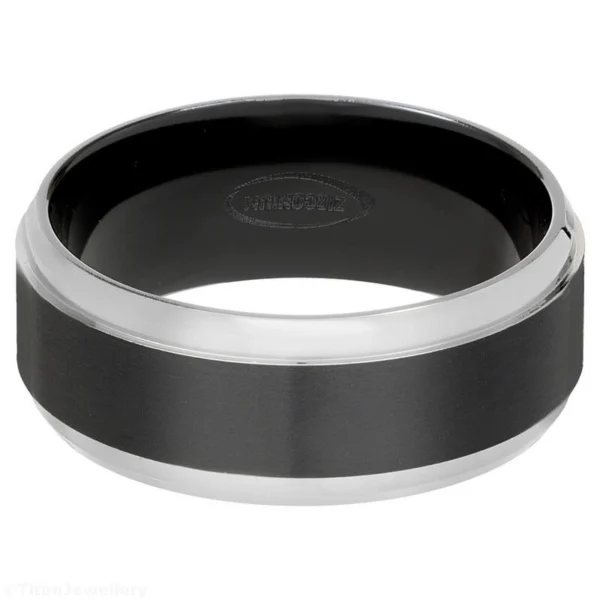 8.7mm Black Zirconium Ring with Natural Polished Edges, wide black zirconium ring