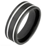 8mm Black Zirconium Tramline Ring with Natural Bands