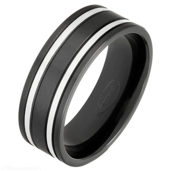8mm Black Zirconium Tramline Ring with Natural Bands, Black Zirconium Tramline Ring