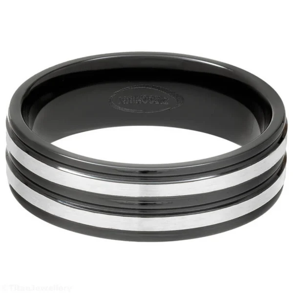 7mm Ridged Black Zirconium Ring with Twin Natural Bands, Ridged Black Zirconium Ring