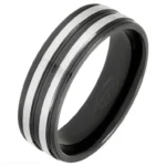 7mm Ridged Black Zirconium Ring with Twin Natural Bands