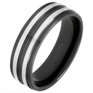 7mm Ridged Black Zirconium Ring with Twin Natural Bands