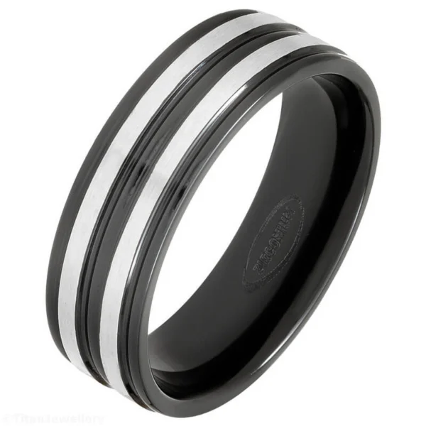7mm Ridged Black Zirconium Ring with Twin Natural Bands