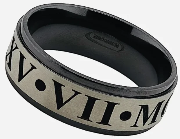 Roman numeral engraving on a grey zirconium ring