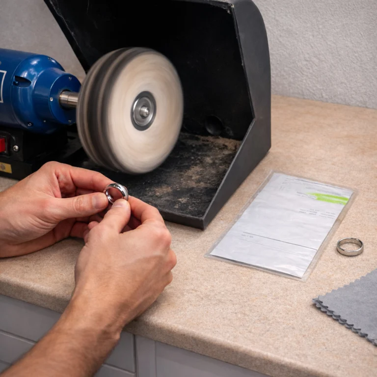 Jason polishing a titanium ring in the workshop